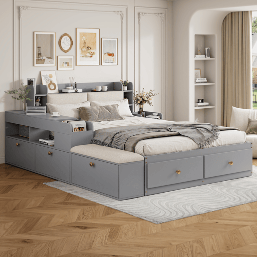 Cama combinada em madeira maciça 140x200 cm - Cabeceira com compartimento de arrumação, com gavetas, com mesa de cabeceira, com armário de arrumação, com banco sofá, cama com arrumação, cama tatami - Cinza