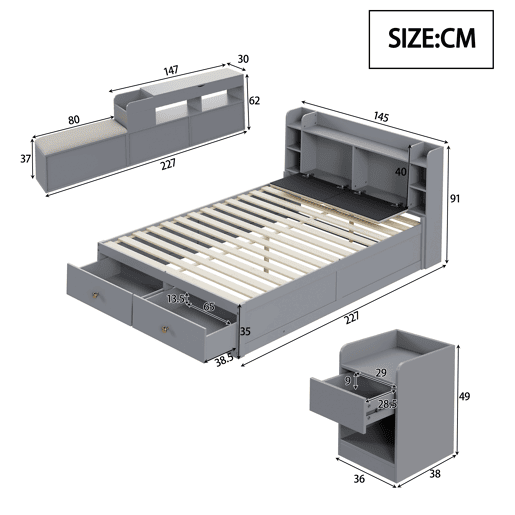 Cama combinada em madeira maciça 140x200 cm - Cabeceira com compartimento de arrumação, com gavetas, com mesa de cabeceira, com armário de arrumação, com banco sofá, cama com arrumação, cama tatami - Cinza