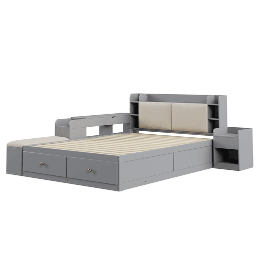 Cama combinada em madeira maciça 140x200 cm - Cabeceira com compartimento de arrumação, com gavetas, com mesa de cabeceira, com armário de arrumação, com banco sofá, cama com arrumação, cama tatami - Cinza