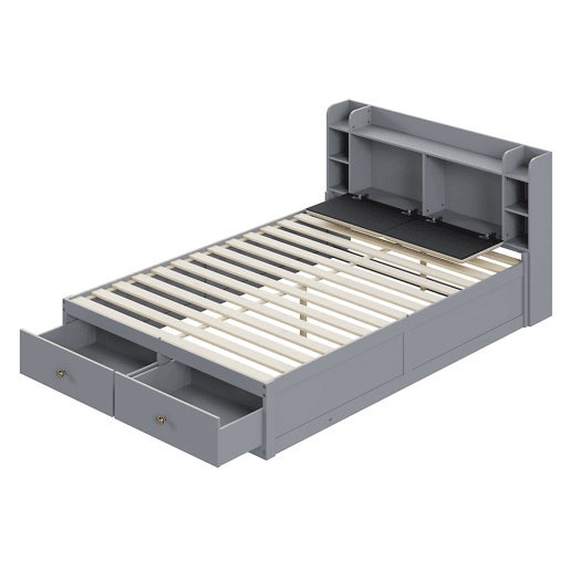 Cama combinada em madeira maciça 140x200 cm - Cabeceira com compartimento de arrumação, com gavetas, com mesa de cabeceira, com armário de arrumação, com banco sofá, cama com arrumação, cama tatami - Cinza