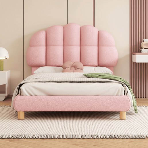 Cama individual 90x200 cm - Cama infantil, cama juvenil, cama estofada, com estrado de ripas de madeira - Rosa