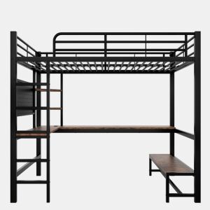 Cama alta 90x200 cm - Estrutura em ferro, secretária, corrimão, escada, prateleiras, com porta USB+Type-C, com faixa LED, com painel perfurado - Preto