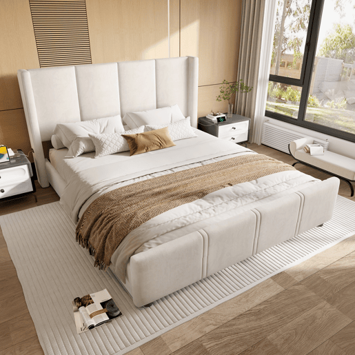 Estrutura de cama 140x200 cm - estilo moderno, cabeceira e pés altos, USB certificado, combinação de ferro e madeira - Bege