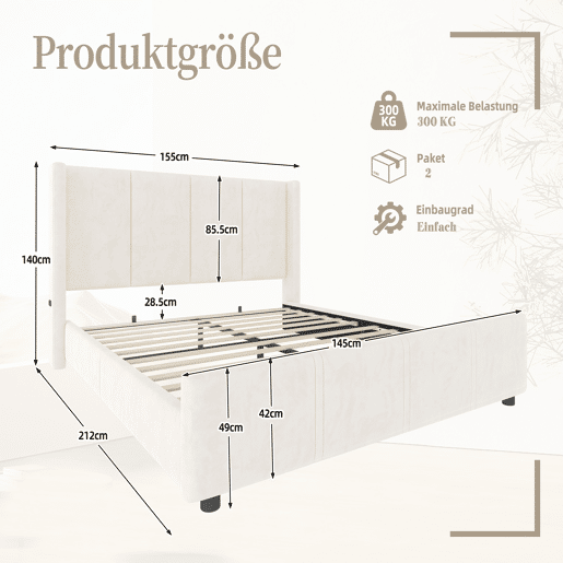 Estrutura de cama 140x200 cm - estilo moderno, cabeceira e pés altos, USB certificado, combinação de ferro e madeira - Bege