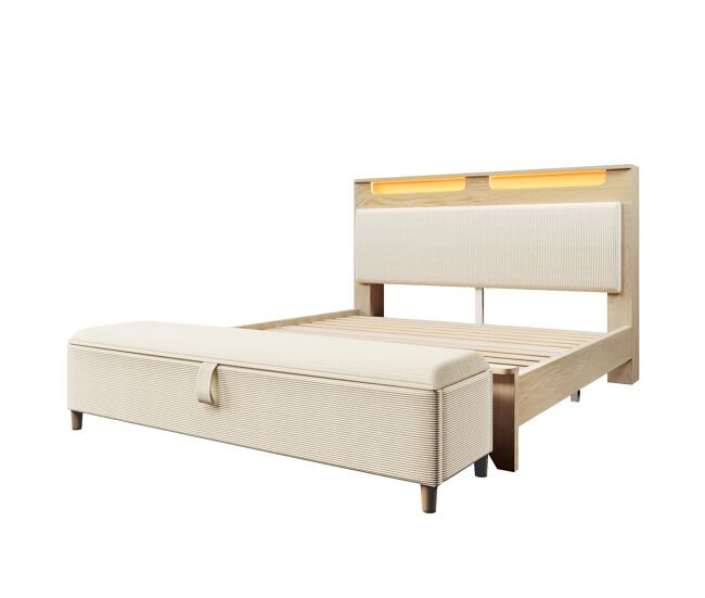 Cama doble 140x200 cm - con banco de almacenamiento, cabecero con iluminación led y respaldo de cordón beige - madera clara