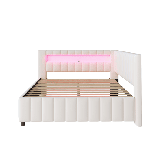Sofá-cama 140x200 - Polsterbett em veludo com luz LED e porta USB, com encosto, cabeceira e estrutura de cama estável - Bege