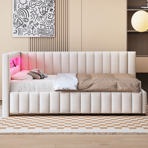 Sofá-cama 140x200 - Polsterbett em veludo com luz LED e porta USB, com encosto, cabeceira e estrutura de cama estável - Bege