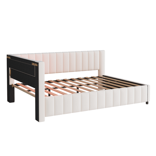 Sofá-cama 140x200 - Polsterbett em veludo com luz LED e porta USB, com encosto, cabeceira e estrutura de cama estável - Bege