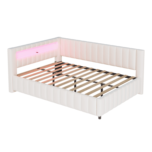 Sofá-cama 140x200 - Polsterbett em veludo com luz LED e porta USB, com encosto, cabeceira e estrutura de cama estável - Bege