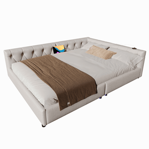 Sofá-cama 140x200 cm - com estrado, sem colchão, iluminação ambiente com comando, cabeceira capitoné, USB+Tipo-C, linho - bege