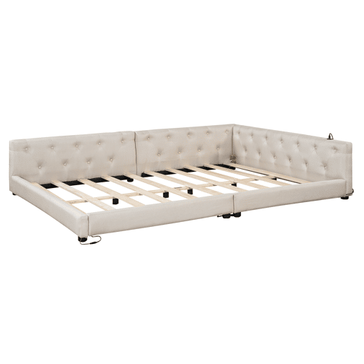 Sofá-cama 140x200 cm - com estrado, sem colchão, iluminação ambiente com comando, cabeceira capitoné, USB+Tipo-C, linho - bege