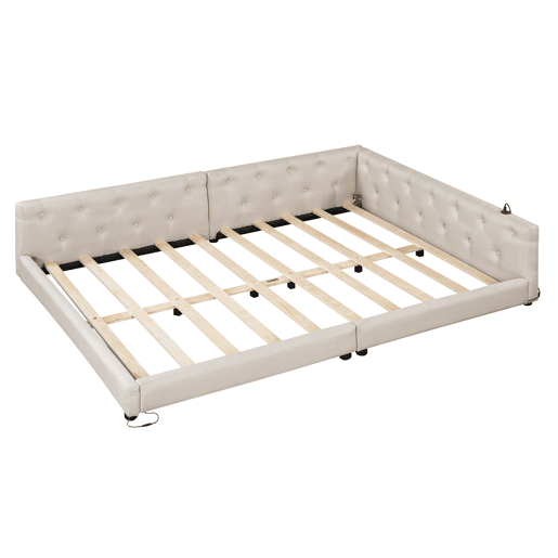Sofá-cama 140x200 cm - com estrado, sem colchão, iluminação ambiente com comando, cabeceira capitoné, USB+Tipo-C, linho - bege