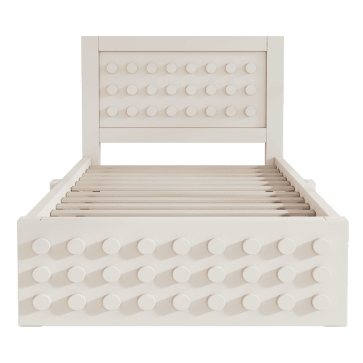 Cama individual 90x200 cm - Design criativo com blocos, estrutura em madeira maciça com estrado, com gavetas e arrumação debaixo da cama - Branco
