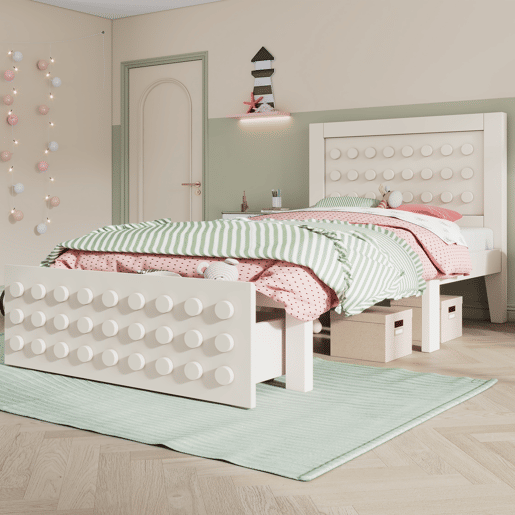 Cama individual 90x200 cm - Design criativo com blocos, estrutura em madeira maciça com estrado, com gavetas e arrumação debaixo da cama - Branco