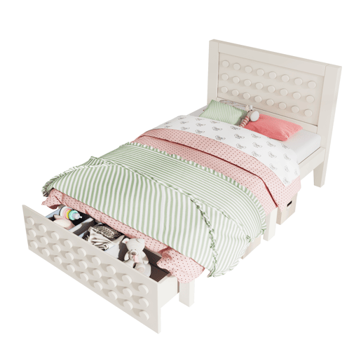 Cama individual 90x200 cm - Design criativo com blocos, estrutura em madeira maciça com estrado, com gavetas e arrumação debaixo da cama - Branco