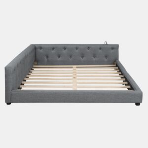 Sofá-cama 140x200 cm - com estrado, sem colchão, iluminação ambiente com comando, cabeceira acolchoada, USB+Tipo-C, linho - cinzento