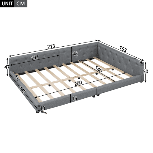 Sofá-cama 140x200 cm - com estrado, sem colchão, iluminação ambiente com comando, cabeceira acolchoada, USB+Tipo-C, linho - cinzento