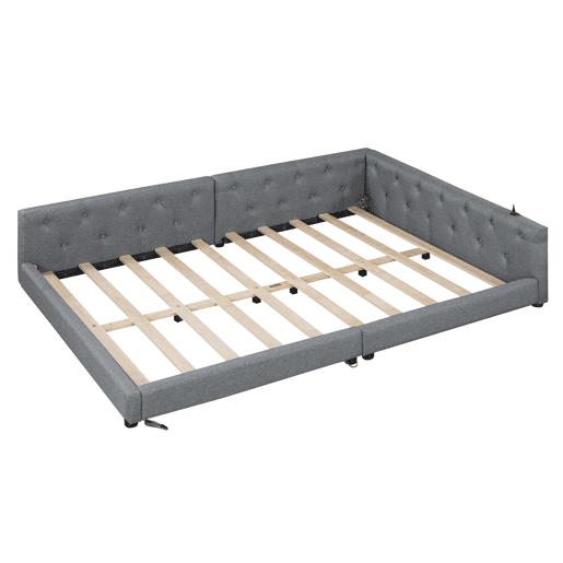 Sofá-cama 140x200 cm - com estrado, sem colchão, iluminação ambiente com comando, cabeceira acolchoada, USB+Tipo-C, linho - cinzento