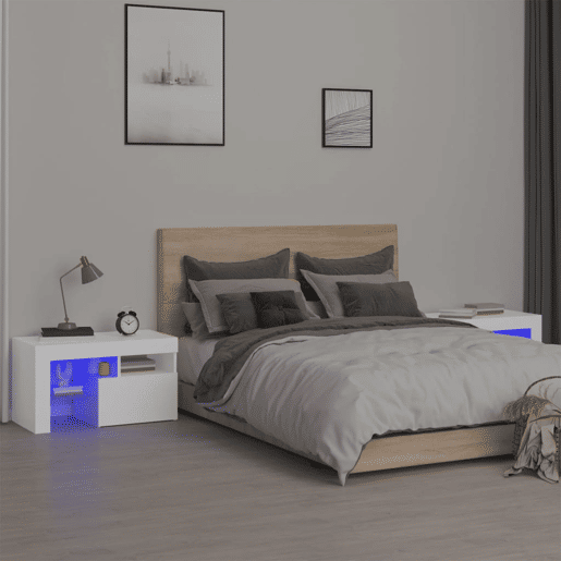 Lote de 2 Mesas De Cabeceira - Mesinhas De Cabeceira c LEDs 70x36,5x40 cm branco