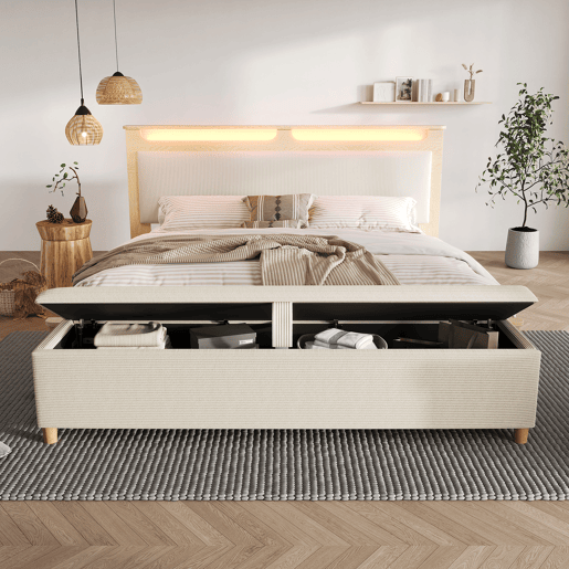 Cama de casal 160x200 cm - Cabeceira com arrumação, iluminação LED, encosto almofadado bege, com banco de arrumação - Madeira clara