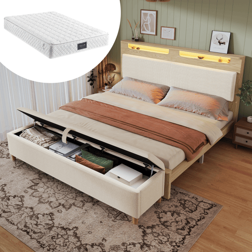 Cama de casal 160x200 cm - Cabeceira com arrumação, iluminação LED, encosto almofadado bege, com banco de arrumação - Madeira clara