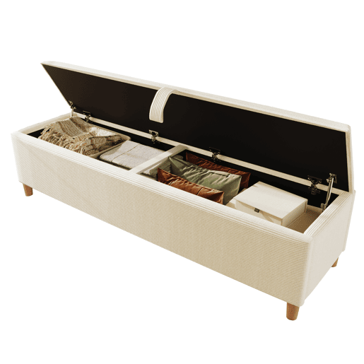 Cama de casal 160x200 cm - Cabeceira com arrumação, iluminação LED, encosto almofadado bege, com banco de arrumação - Madeira clara