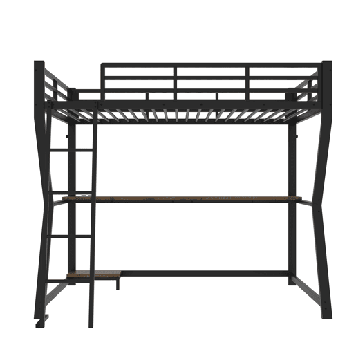 Cama alta 90x200cm - Com luzes LED, prateleira para consola, secretária, tomada + USB, grade, escada, sem colchão - Preto