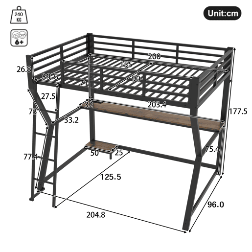 Cama alta 90x200cm - Com luzes LED, prateleira para consola, secretária, tomada + USB, grade, escada, sem colchão - Preto