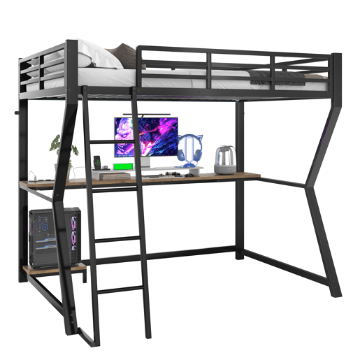 Cama alta 90x200cm - Com luzes LED, prateleira para consola, secretária, tomada + USB, grade, escada, sem colchão - Preto