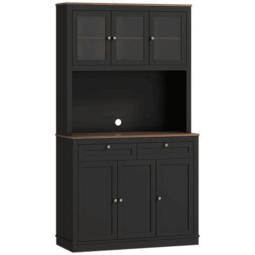 HOMCOM Armário de Cozinha Móvel Auxiliar de Cozinha com 3 Portas de Vidro Compartimento Aberto 2 Gavetas e Prateleiras Ajustáveis 100x40x180 cm Preto