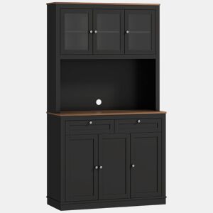HOMCOM Armário de Cozinha Móvel Auxiliar de Cozinha com 3 Portas de Vidro Compartimento Aberto 2 Gavetas e Prateleiras Ajustáveis 100x40x180 cm Preto