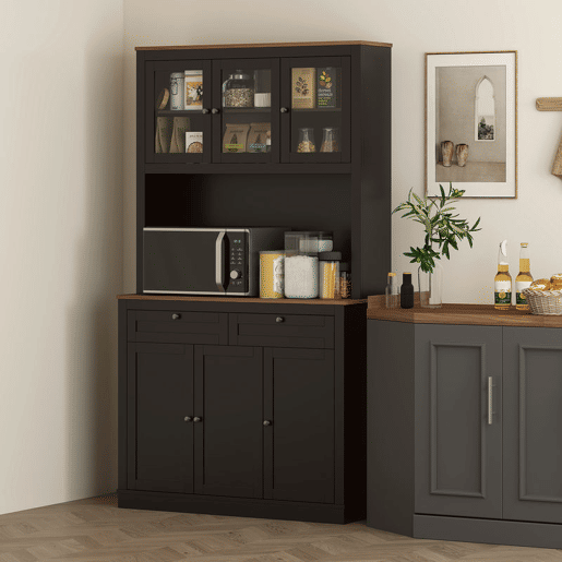 HOMCOM Armário de Cozinha Móvel Auxiliar de Cozinha com 3 Portas de Vidro Compartimento Aberto 2 Gavetas e Prateleiras Ajustáveis 100x40x180 cm Preto