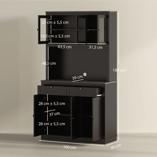 HOMCOM Armário de Cozinha Móvel Auxiliar de Cozinha com 3 Portas de Vidro Compartimento Aberto 2 Gavetas e Prateleiras Ajustáveis 100x40x180 cm Preto