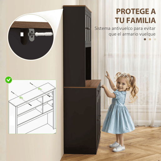 HOMCOM Armário de Cozinha Móvel Auxiliar de Cozinha com 3 Portas de Vidro Compartimento Aberto 2 Gavetas e Prateleiras Ajustáveis 100x40x180 cm Preto