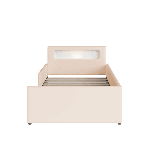 Cama infantil 90x200 cm - Com luz noturna, porta USB, com compartimentos de arrumação, laterais elevadas para segurança, cama simples, para meninos e meninas, estofada em imitação de couro - Bege