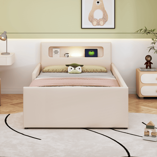 Cama infantil 90x200 cm - Com luz noturna, porta USB, com compartimentos de arrumação, laterais elevadas para segurança, cama simples, para meninos e meninas, estofada em imitação de couro - Bege