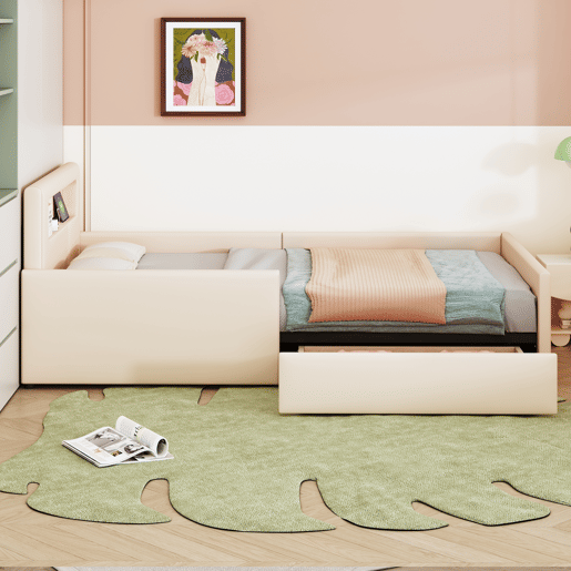 Cama infantil 90x200 cm - Com luz noturna, porta USB, com compartimentos de arrumação, laterais elevadas para segurança, cama simples, para meninos e meninas, estofada em imitação de couro - Bege