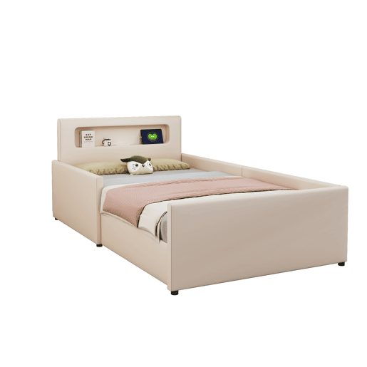 Cama infantil 90x200 cm - Com luz noturna, porta USB, com compartimentos de arrumação, laterais elevadas para segurança, cama simples, para meninos e meninas, estofada em imitação de couro - Bege