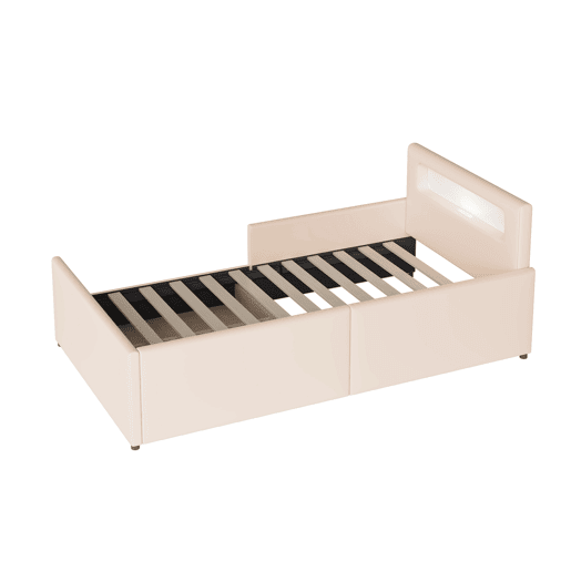 Cama infantil 90x200 cm - Com luz noturna, porta USB, com compartimentos de arrumação, laterais elevadas para segurança, cama simples, para meninos e meninas, estofada em imitação de couro - Bege