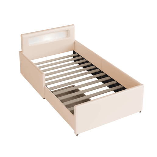 Cama infantil 90x200 cm - Com luz noturna, porta USB, com compartimentos de arrumação, laterais elevadas para segurança, cama simples, para meninos e meninas, estofada em imitação de couro - Bege