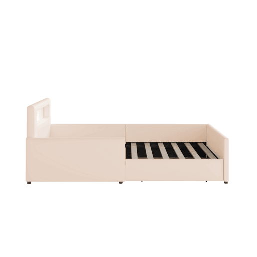 Cama infantil 90x200 cm - Com luz noturna, porta USB, com compartimentos de arrumação, laterais elevadas para segurança, cama simples, para meninos e meninas, estofada em imitação de couro - Bege