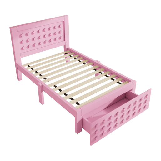Cama individual 90x200 cm - Cama infantil e juvenil com design criativo em blocos, estrutura em madeira maciça com estrado, com gavetas e espaço de arrumação debaixo da cama - Rosa