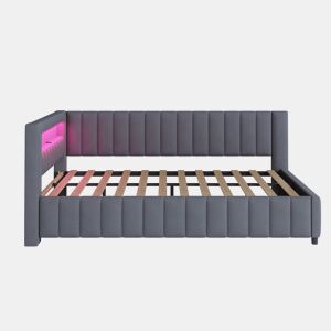 Sofá-cama estofado 140x200 cm - Com luz LED, porta USB, encosto e cabeceira, estrutura resistente - Cinza