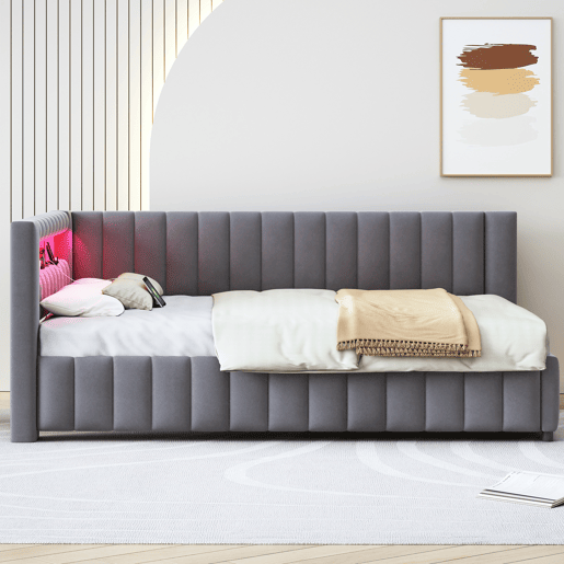 Sofá-cama estofado 140x200 cm - Com luz LED, porta USB, encosto e cabeceira, estrutura resistente - Cinza