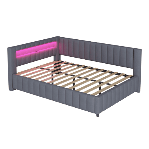 Sofá-cama estofado 140x200 cm - Com luz LED, porta USB, encosto e cabeceira, estrutura resistente - Cinza