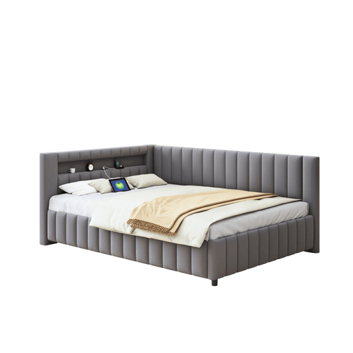 Sofá-cama estofado 140x200 cm - Com luz LED, porta USB, encosto e cabeceira, estrutura resistente - Cinza