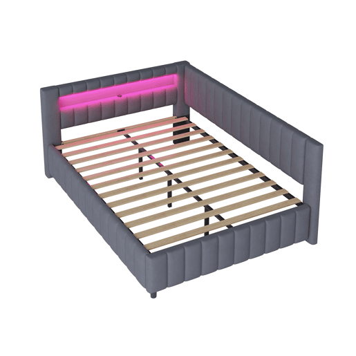 Sofá-cama estofado 140x200 cm - Com luz LED, porta USB, encosto e cabeceira, estrutura resistente - Cinza