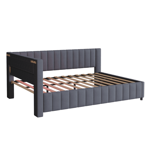 Sofá-cama estofado 140x200 cm - Com luz LED, porta USB, encosto e cabeceira, estrutura resistente - Cinza