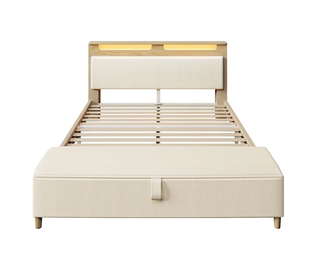 Cama doble 160x200 cm - con banco de almacenamiento, cabecero con almacenamiento, iluminación led, respaldo de terciopelo beige - roble claro