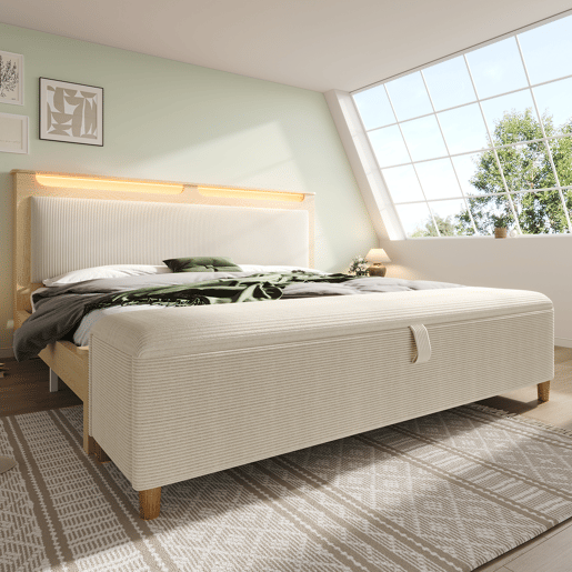 Cama de casal 160x200 cm - Com banco de arrumação, cabeceira com arrumação, iluminação LED, encosto em veludo bege - Carvalho claro